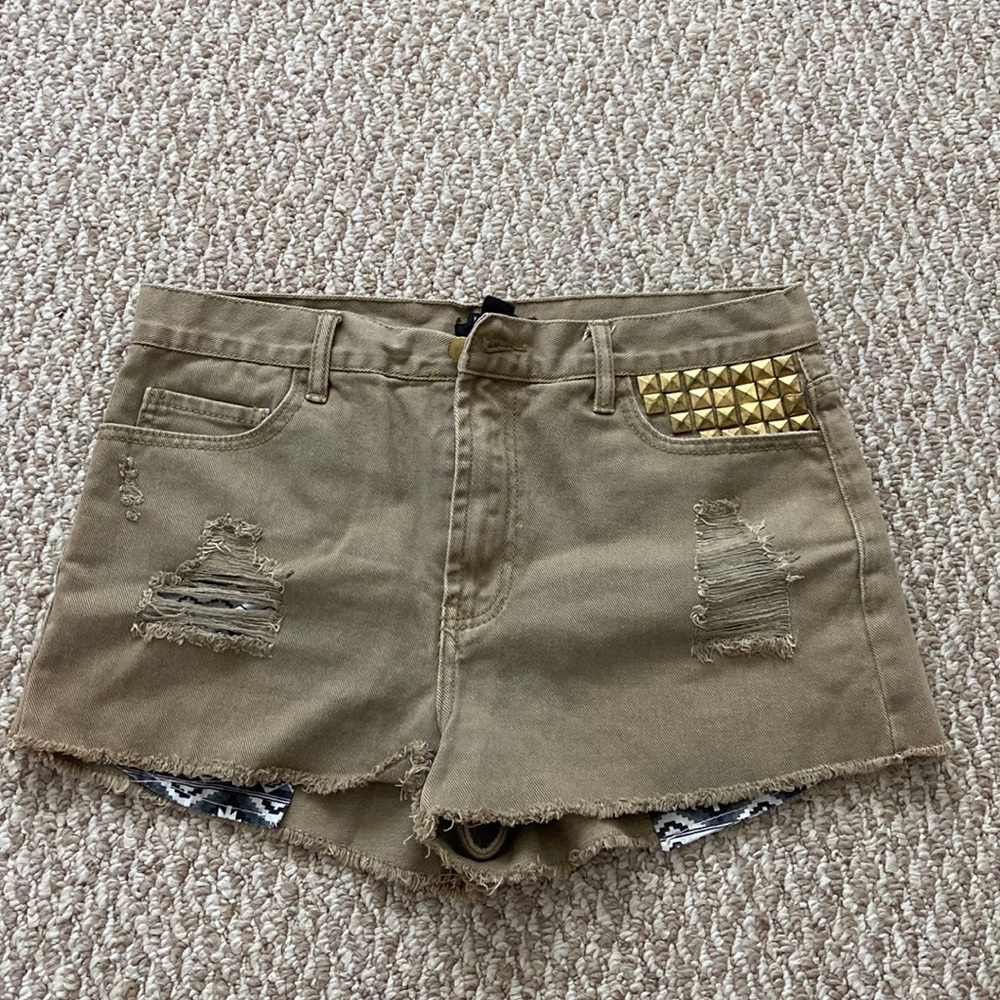 Khaki Gold Studded Shorts